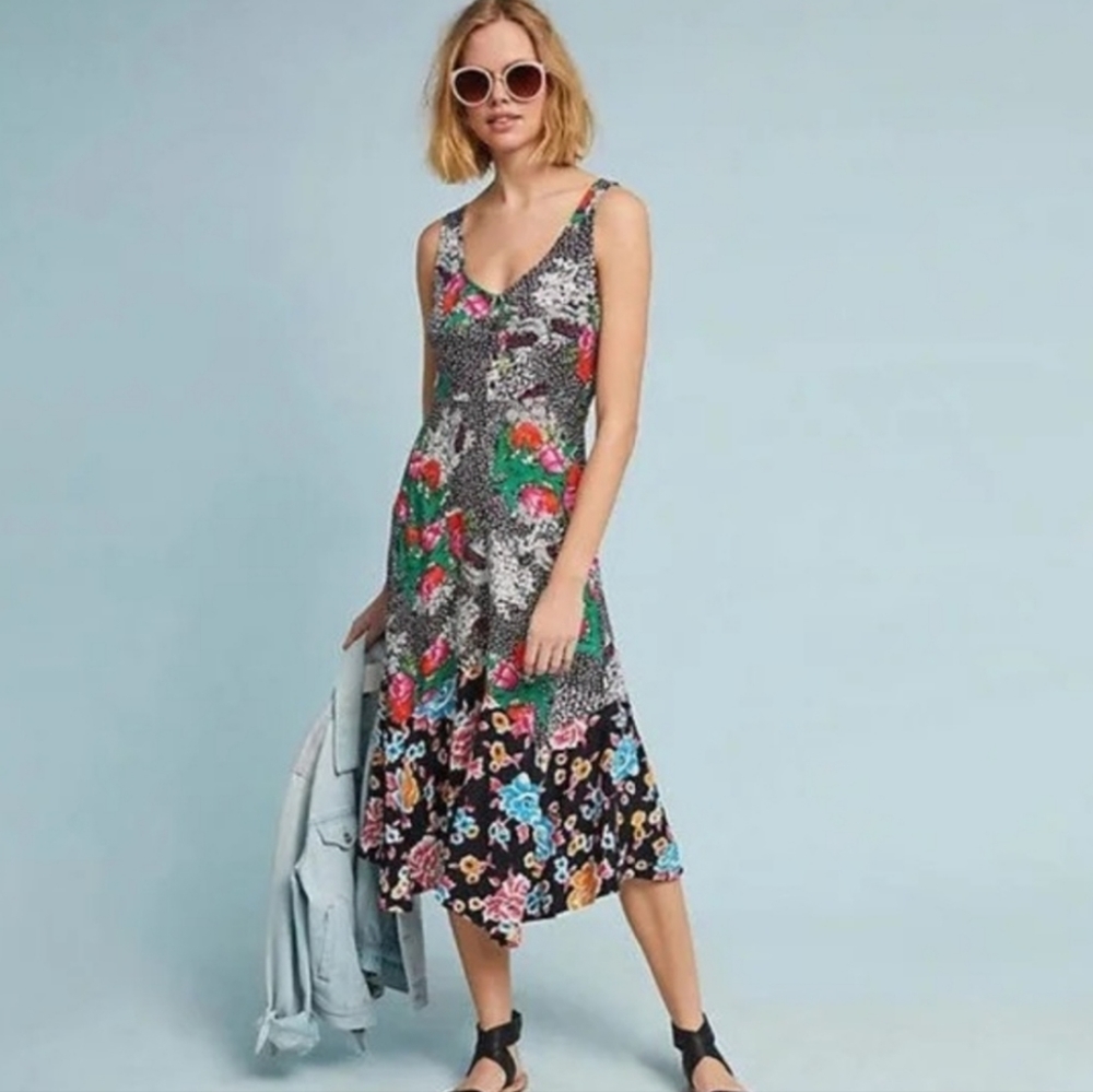 Maeve Anthro Women's Violette Sleeveless V-Neck Floral Ruffle A-Line Dress